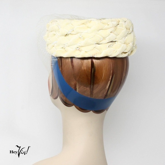 Vintage 1950s Velvet Ribbon Pill Box Hat w Veil and Iridescent Sequins - Hey Viv - Picture 3 of 7